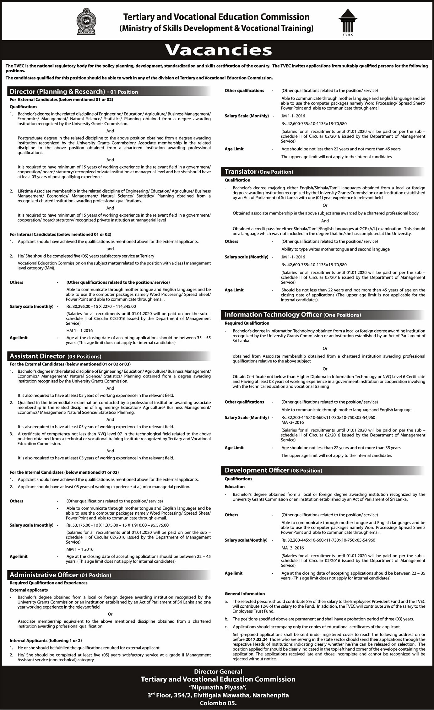 Director (Planning & Research), Assistant Director, Administrative Officer, Translator, Information Technology Officer, Development Officer - Tertiary & Vocational Education Commission